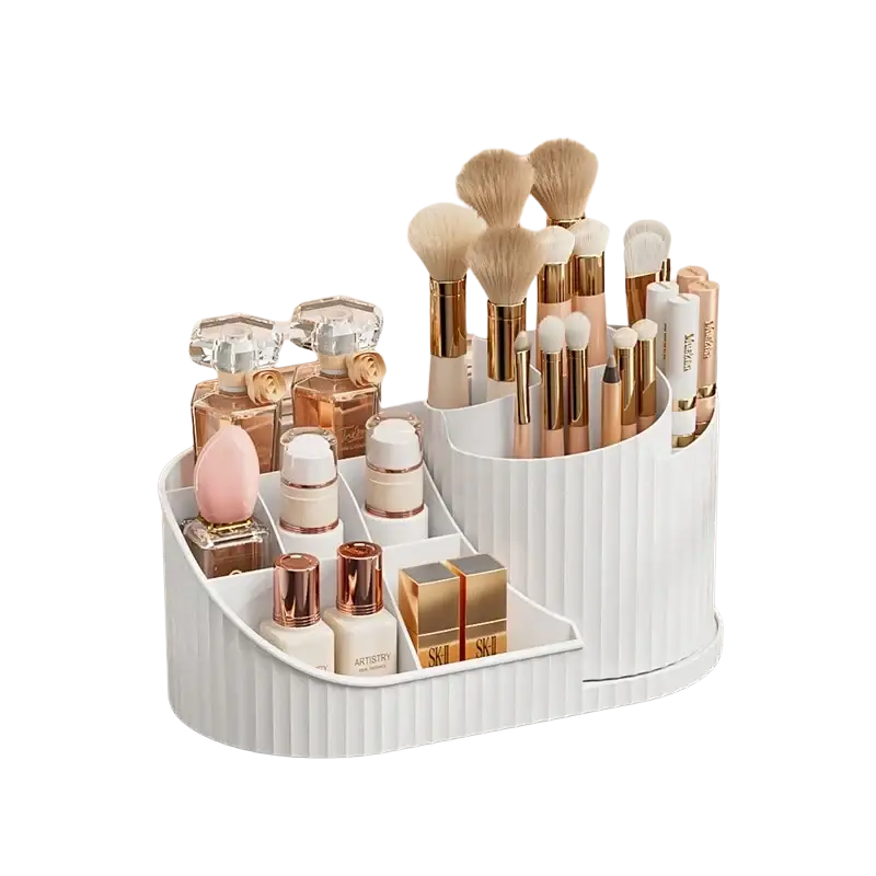 White plastic rotating makeup organizer with vertical ridged texture and multiple compartments for large capacity storage