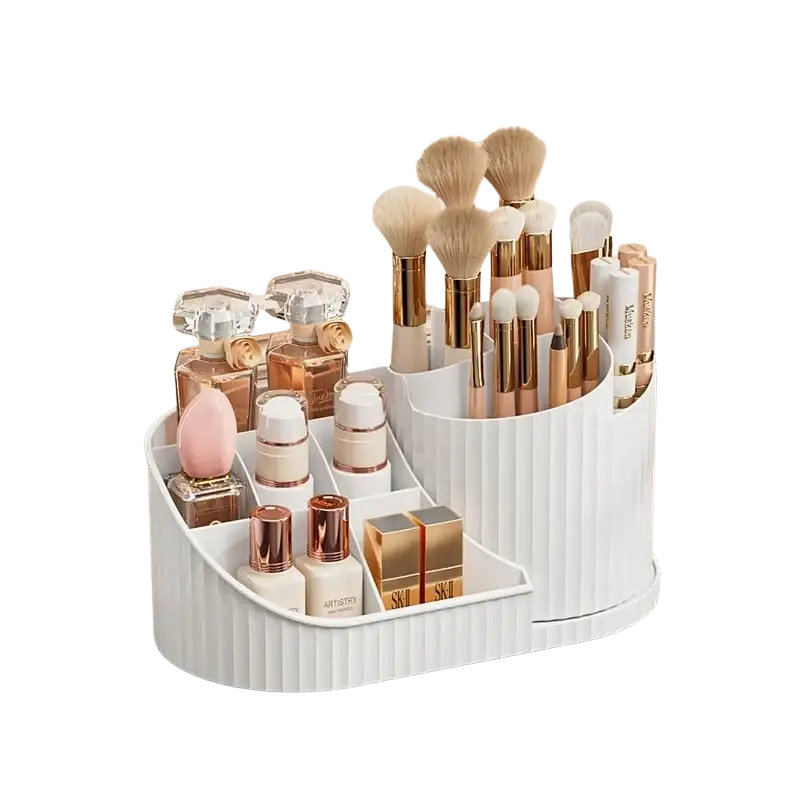 White plastic rotating makeup organizer with vertical ridged texture and multiple compartments for large capacity storage