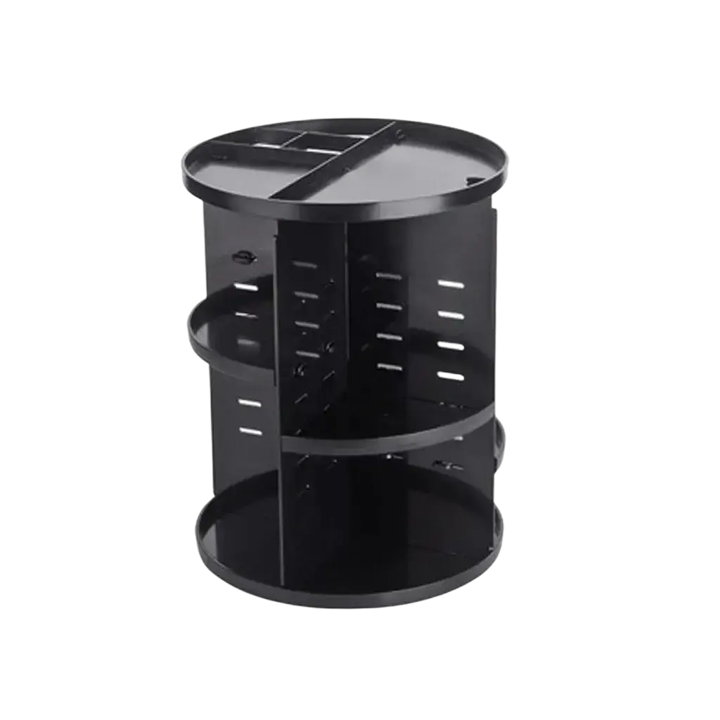 Black plastic rotating makeup organizer with multiple compartments and perforated sides for 360 cosmetic storage