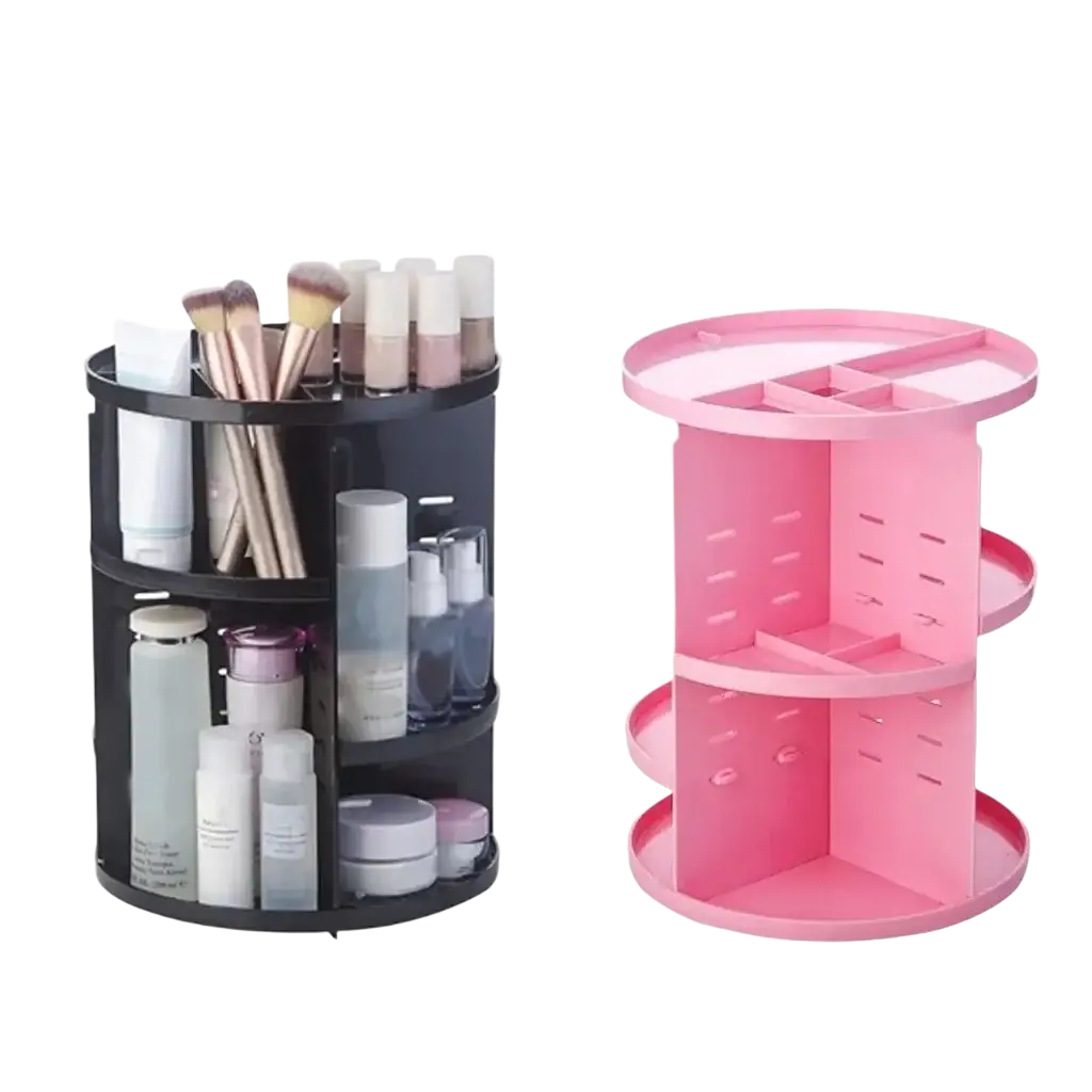 Black and pink rotating makeup organizer plastic 360 degree tiered shelves for cosmetic storage and organization