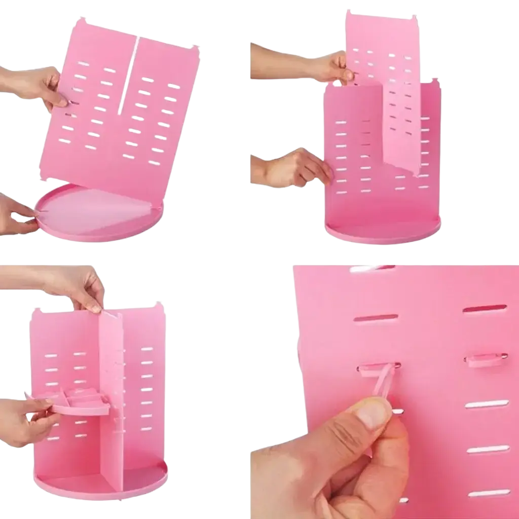 Pink plastic rotating makeup organizer with perforated sides and 360-degree circular base for cosmetic storage