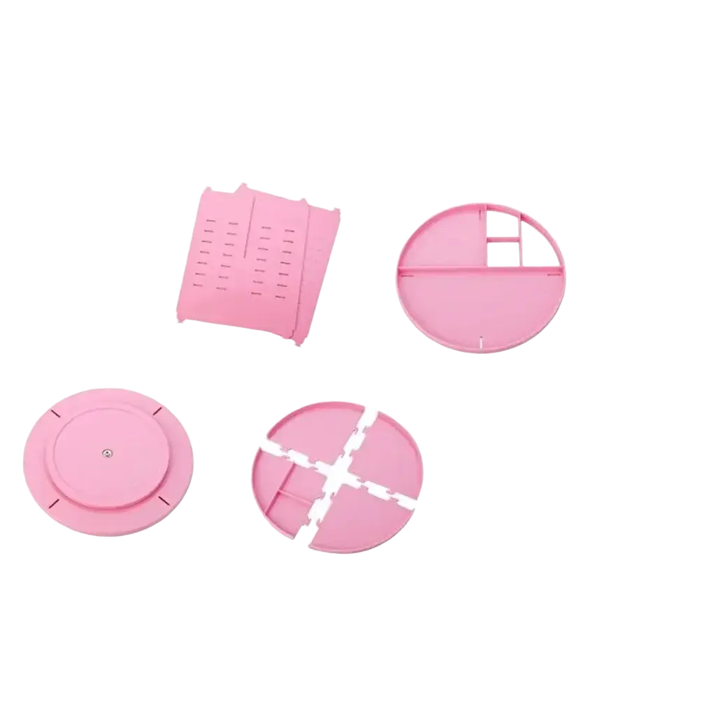 Pink plastic modular components with white rubber rings for rotating makeup organizer plastic 360 cosmetic storage