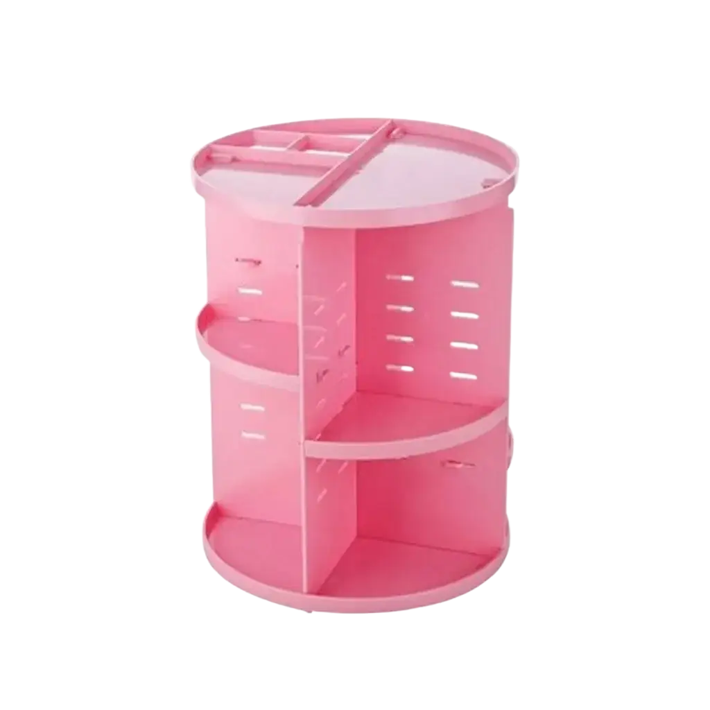 Pink plastic multi-tiered rotating makeup organizer with 360-degree cosmetic storage for easy access and organization