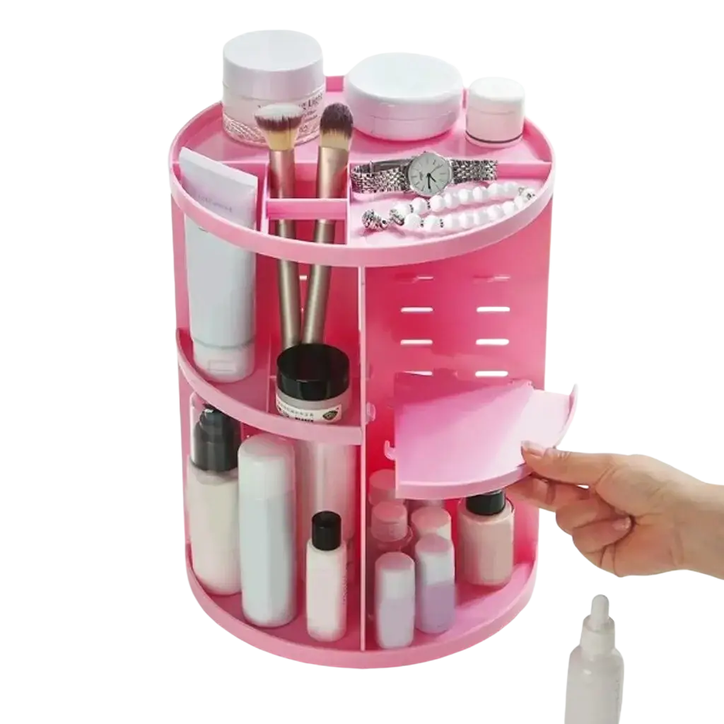 Pink plastic multi-tiered rotating makeup organizer with compartments holding brushes bottles and a watch