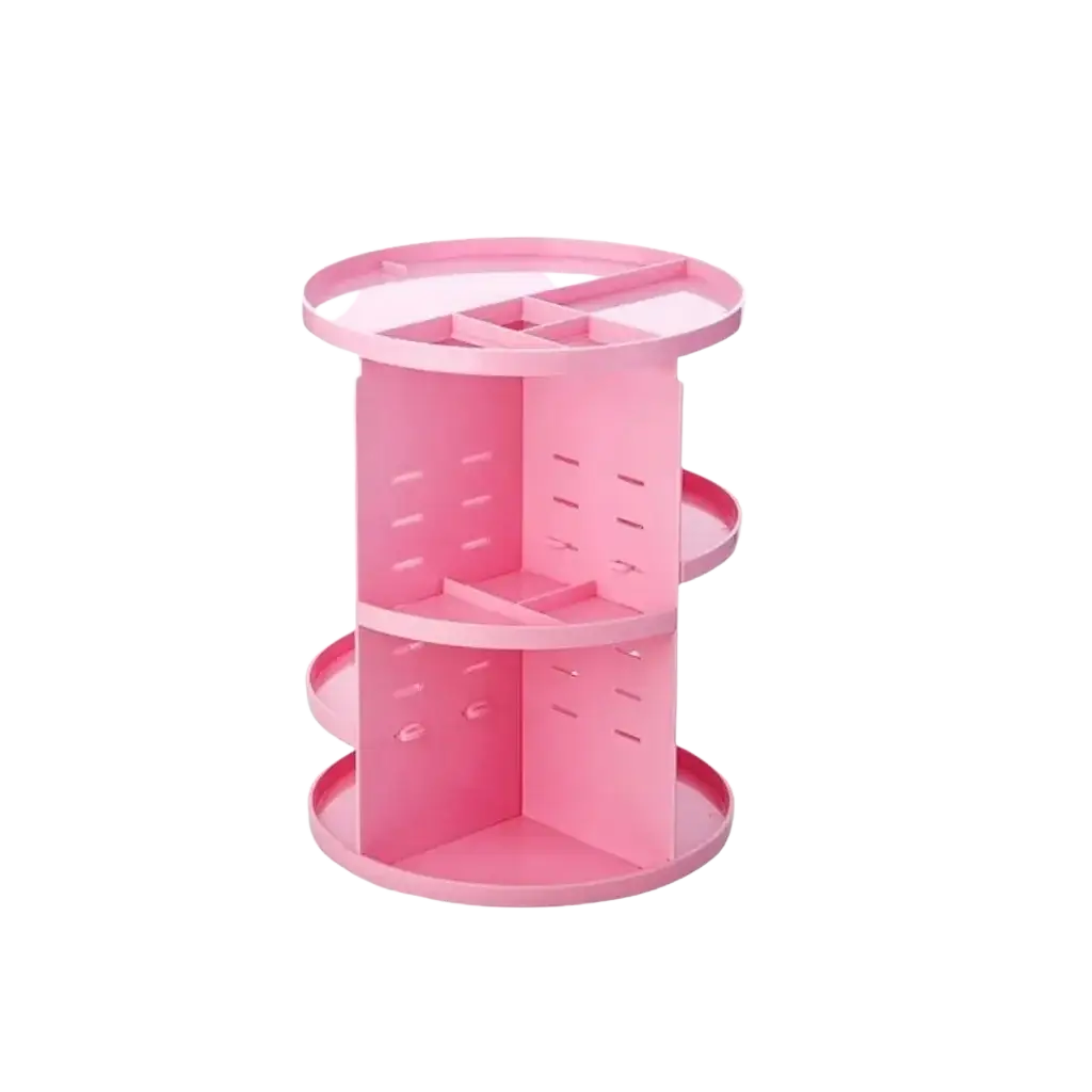 Pink three-tiered rotating makeup organizer with circular plastic shelves and vertical dividers for cosmetic storage