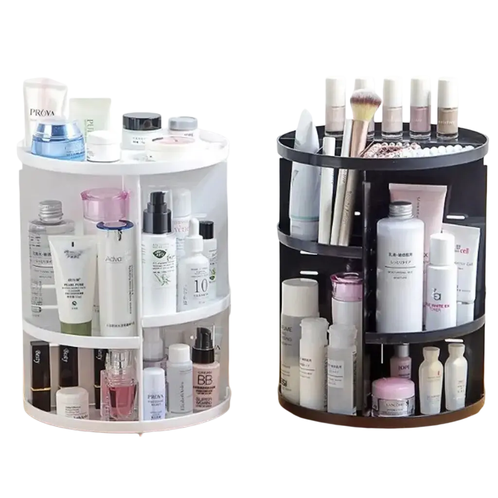 White and black plastic rotating makeup organizers with multiple tiers for 360-degree cosmetic storage