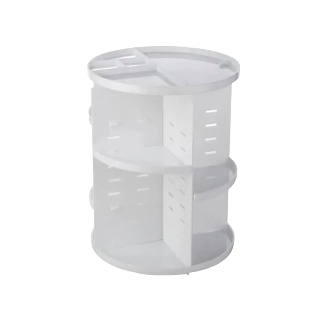 White plastic multi-tiered rotating makeup organizer with 360 degree rotation for cosmetic storage