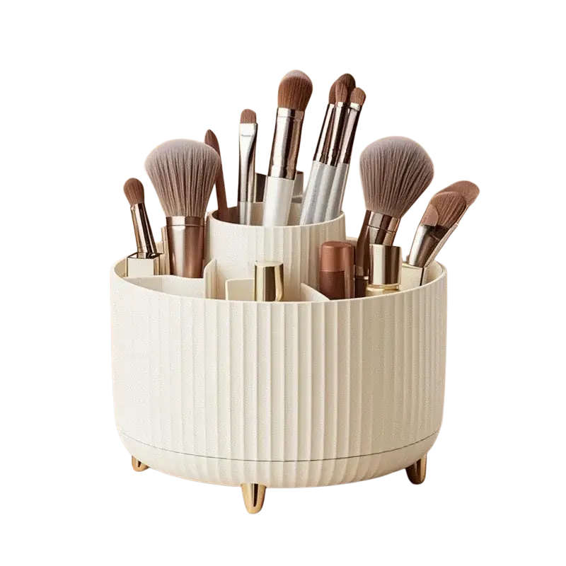 Cream-colored rotating makeup organizer with gold-tone feet 1pc plastic cosmetic storage holding brushes and cosmetics