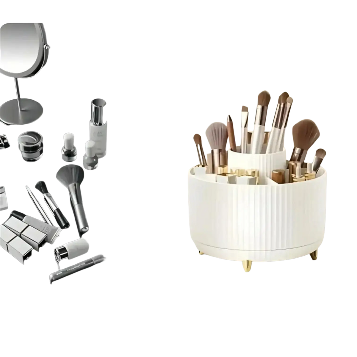White plastic rotating makeup organizer with vertical ridges and gold-tone feet for 1pc plastic cosmetic storage