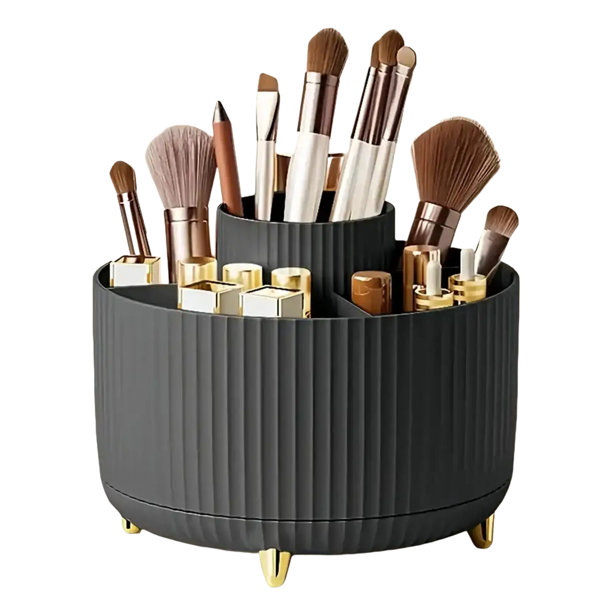 Dark gray ribbed rotating makeup organizer with gold-tone feet 1pc plastic cosmetic storage holding brushes and cosmetics