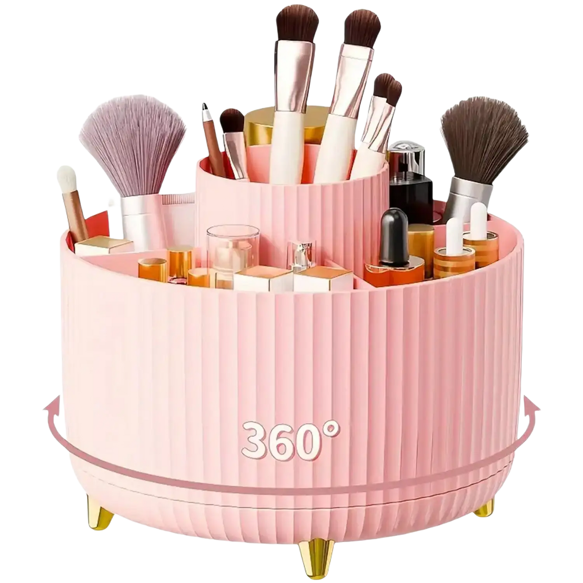 Pink ribbed rotating makeup organizer with gold feet and 360-degree rotating base plastic cosmetic storage