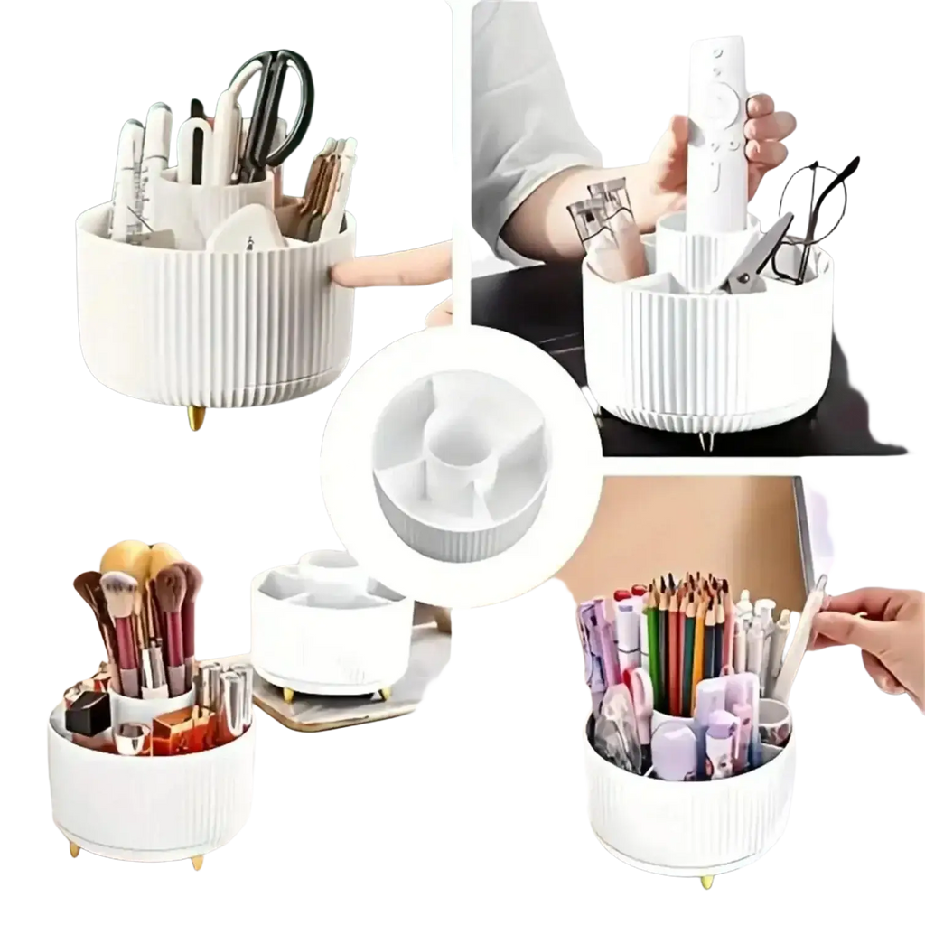 White ribbed rotating makeup organizer with gold feet and central rotating mechanism 1pc plastic cosmetic storage