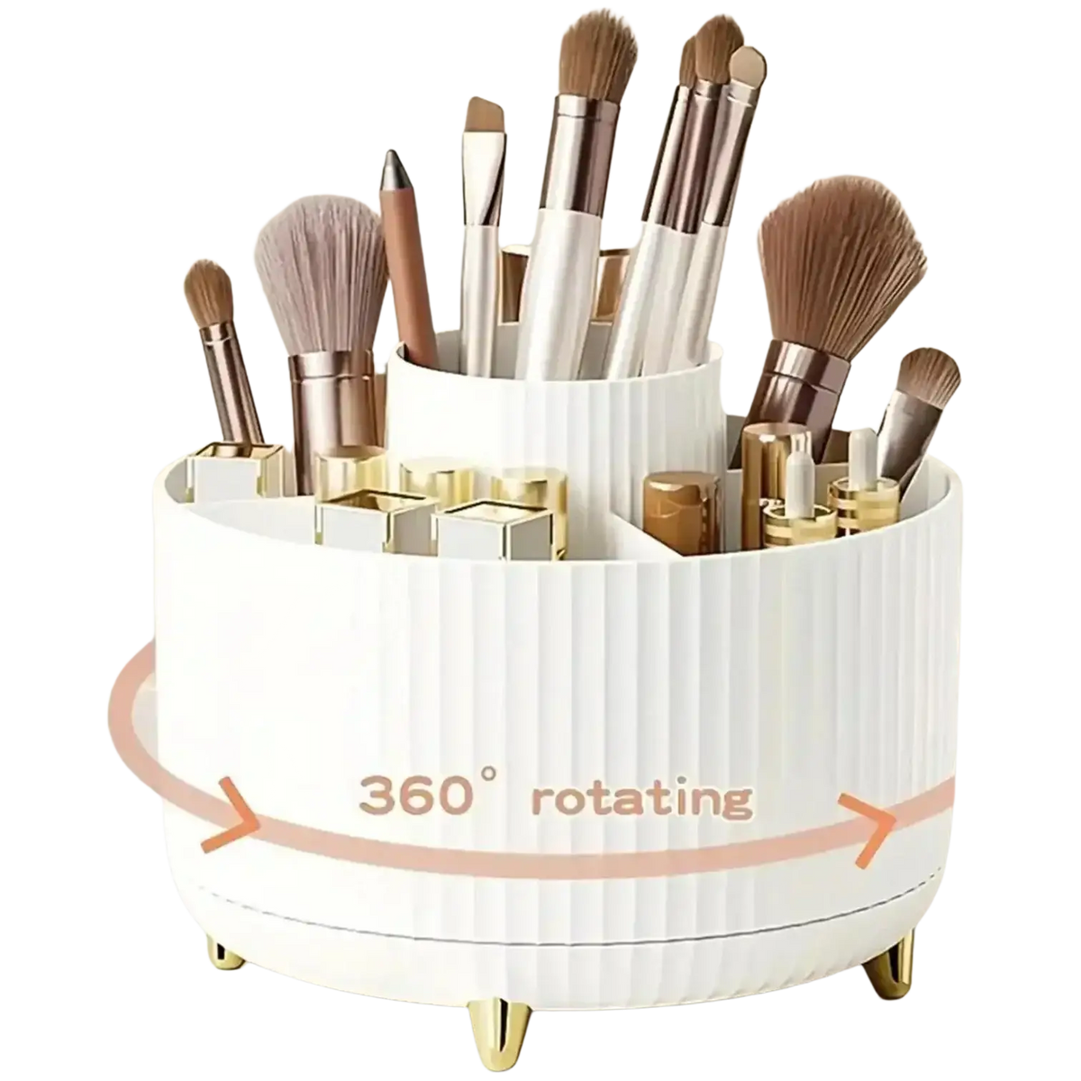 White ribbed rotating makeup organizer with gold feet and compartments for brushes in plastic cosmetic storage
