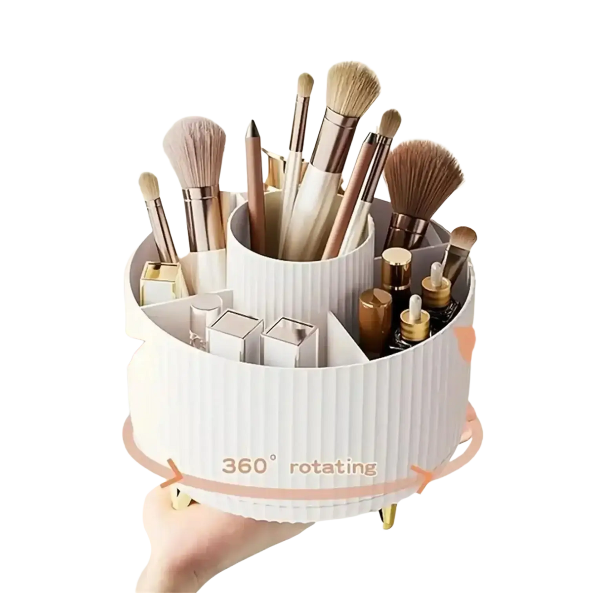 White ribbed rotating makeup organizer with gold feet and labeled compartments for shadow brushes lipsticks and skincare products plastic cosmetic storage