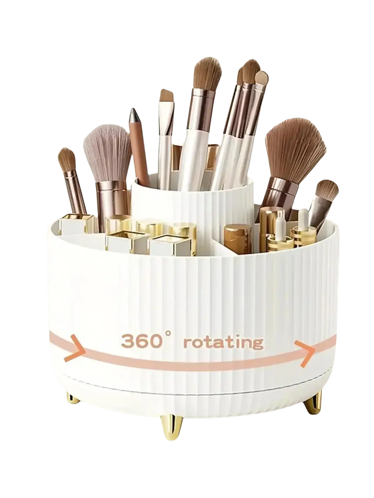 White ribbed rotating makeup organizer with gold-tone feet and accents 1pc plastic cosmetic storage unit