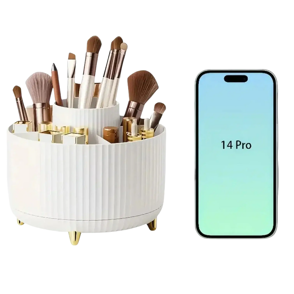 White ribbed rotating makeup organizer made of plastic with gold-tone feet and compartments for brushes and cosmetics