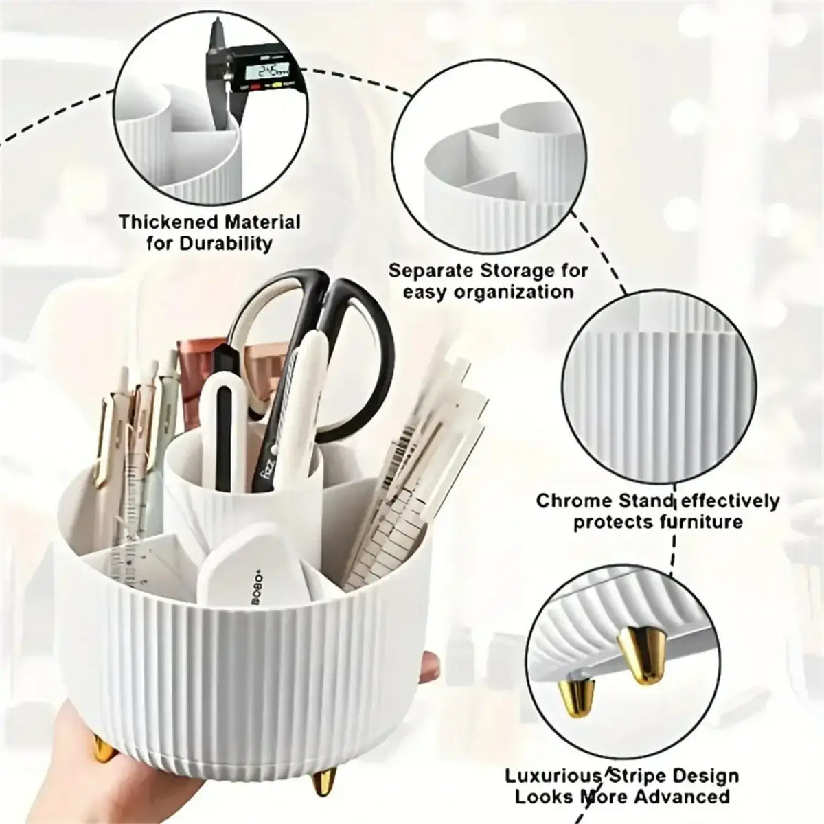 White ribbed rotating makeup organizer with gold-tone chrome feet and luxury stripe design for plastic cosmetic storage