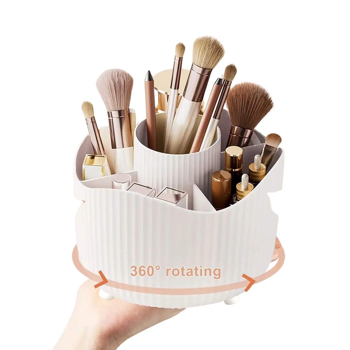 Rotating makeup organizer white ribbed plastic storage box with segmented compartments for brushes lipsticks and skincare products