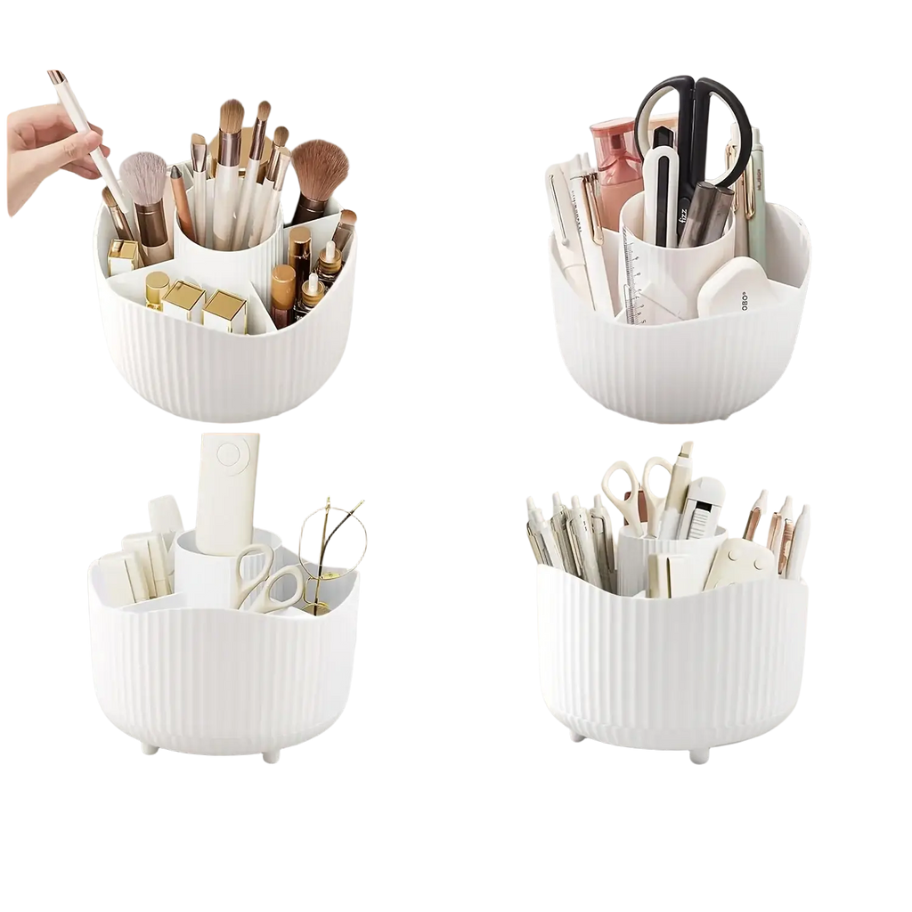Rotating makeup organizer white ribbed plastic storage box with multiple compartments for cosmetics and supplies