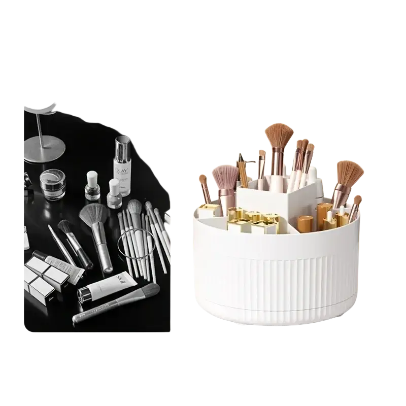 White ribbed plastic rotating makeup organizer with compartments for brushes and lipsticks storage and display