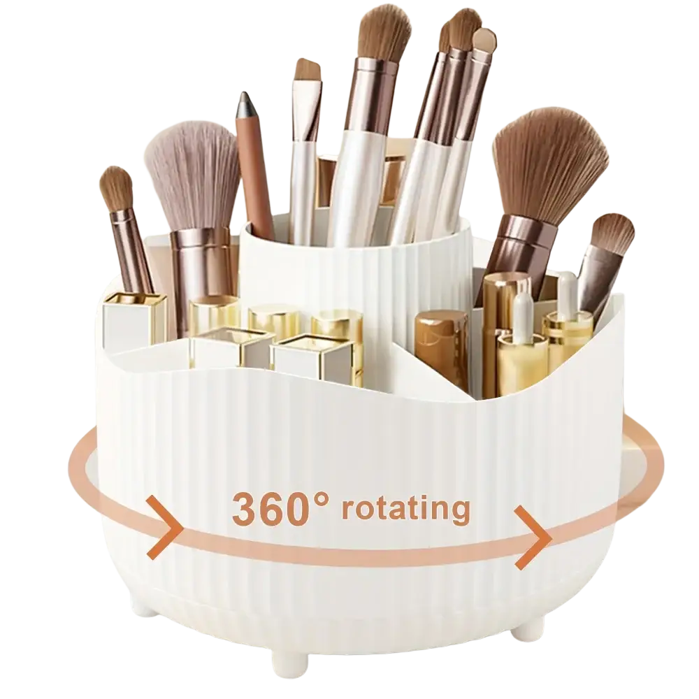 White ribbed plastic rotating makeup organizer with multiple compartments holding brushes and cosmetics