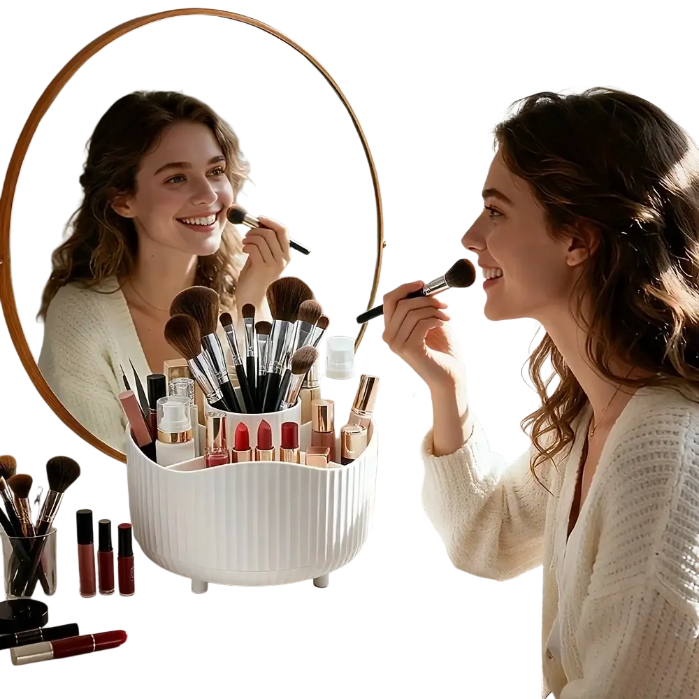 White ribbed ceramic rotating makeup organizer with compartments holding brushes lipsticks and bottles for storage