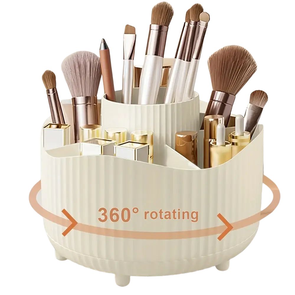 Rotating makeup organizer in cream-colored ribbed plastic with multiple compartments holding brushes and lipsticks