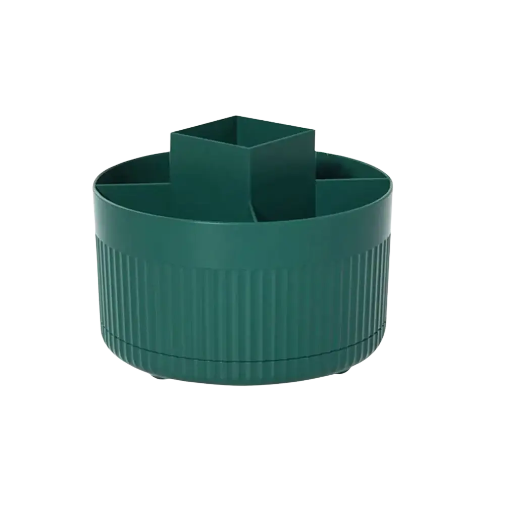 Dark green plastic rotating makeup organizer with vertical ridges and central square compartment for storage
