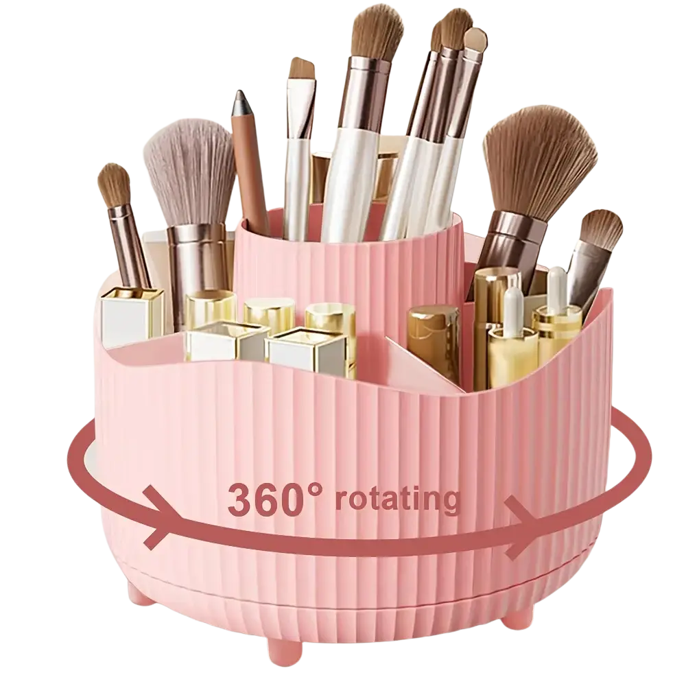 Pink 360-degree rotating makeup organizer with ribbed texture and multiple compartments in white ribbed plastic storage box