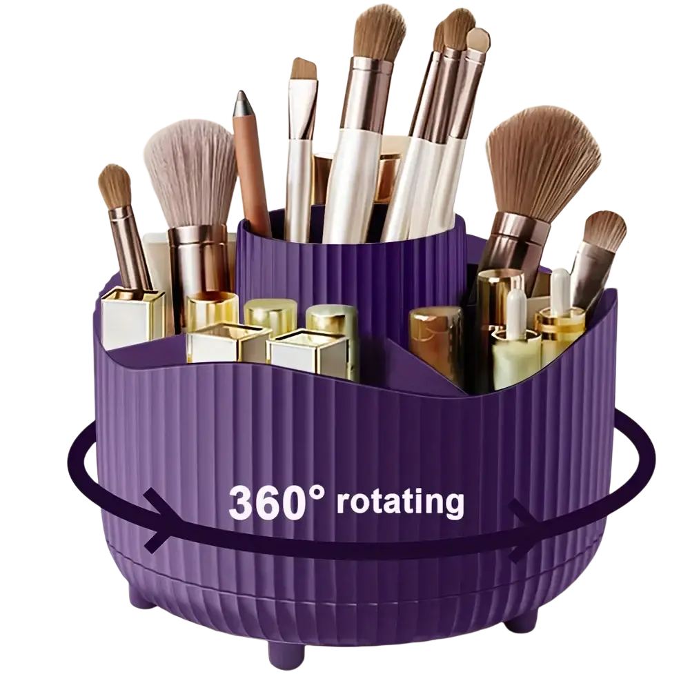 Purple ribbed rotating makeup organizer made of plastic with multiple compartments holding brushes and lipsticks