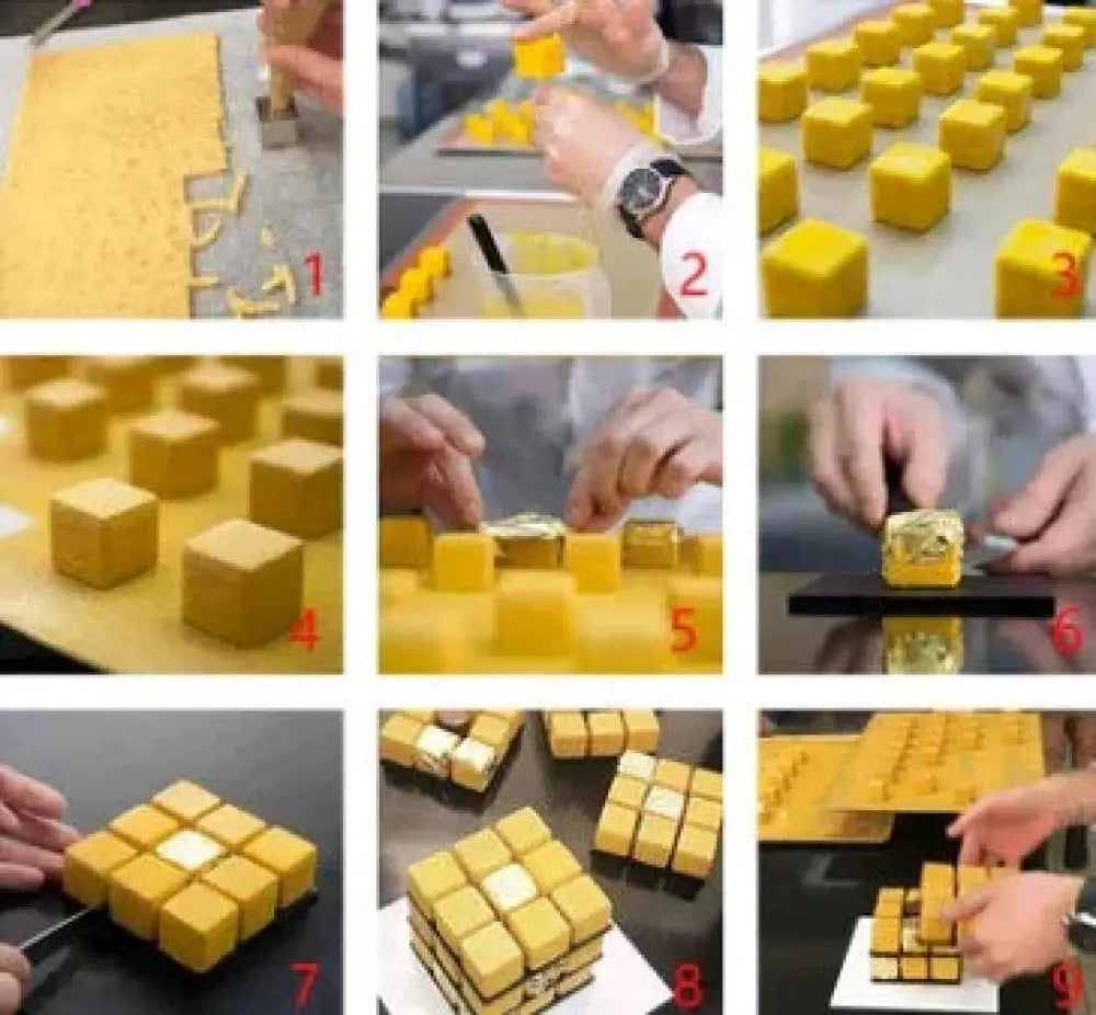 Golden cube-shaped cake pieces assembled in layered designs made using a 9-cavity rubiks cube silicone mousse baking mold