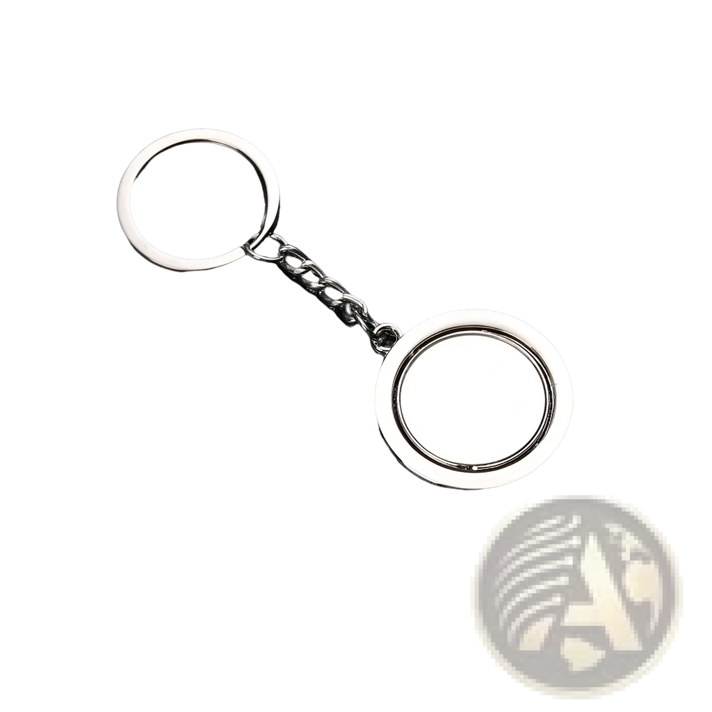 Rotating silver circle keychain with polished metallic ring and flat back surface for custom engraving or decoration