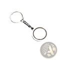 Rotating silver circle keychain with polished metallic ring and flat back surface for custom engraving or decoration