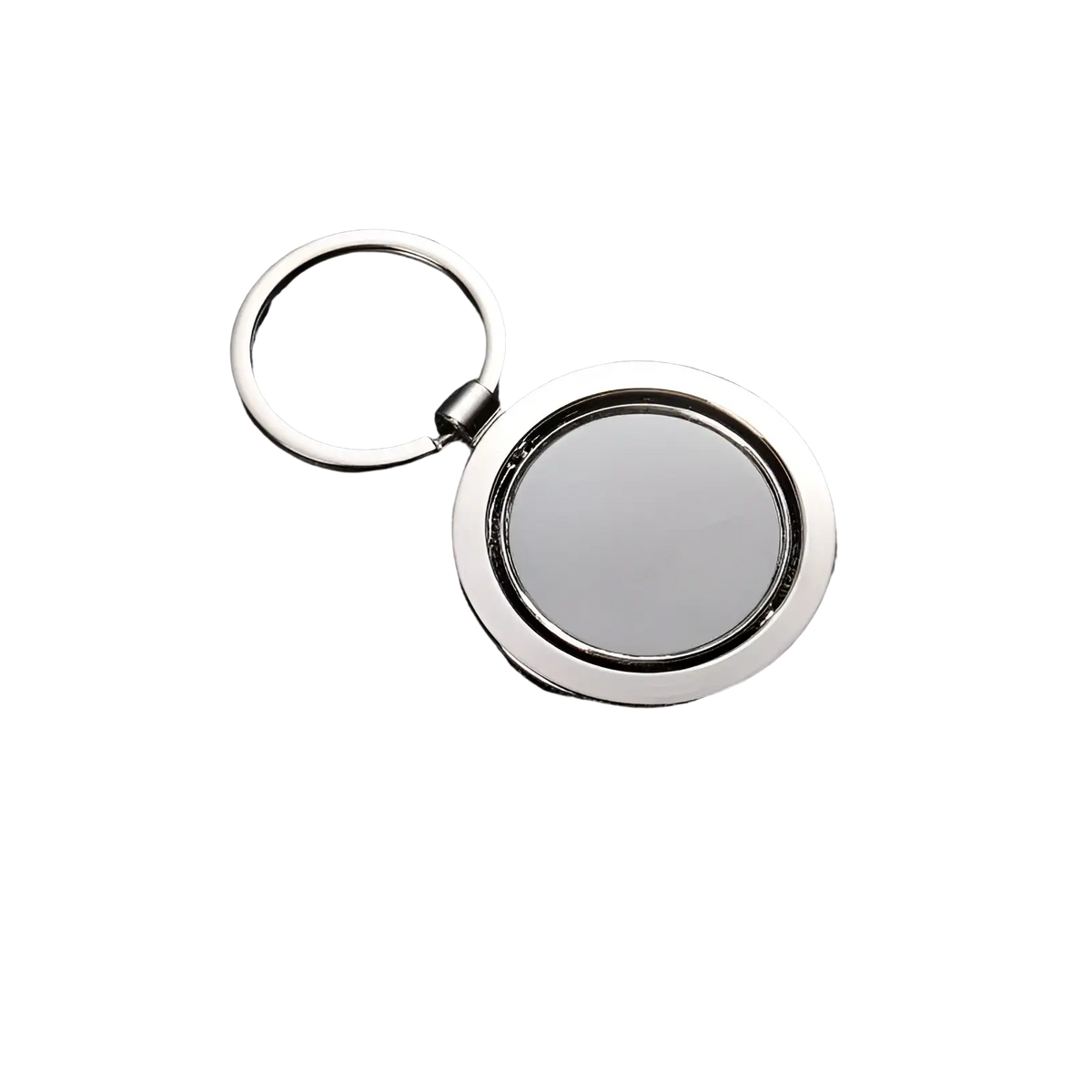 Rotating silver circle keychain with polished metallic finish and smooth reflective surface for gift use