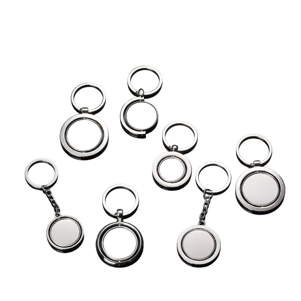 Rotating silver circle keychain with polished metallic surfaces and minimalist double-sided design in a circular shape