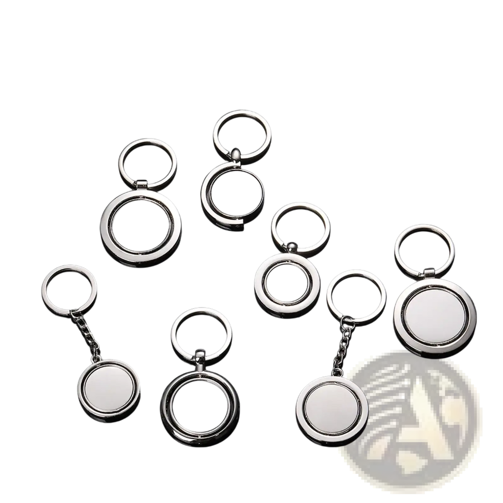 Rotating silver circle keychain with polished metallic surfaces and minimalist double-sided design in a circular shape