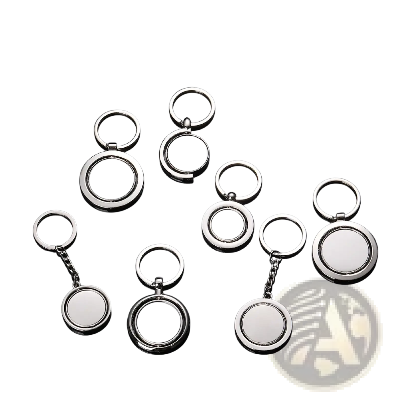 Rotating silver circle keychain with polished metallic surfaces and minimalist double-sided design in a circular shape