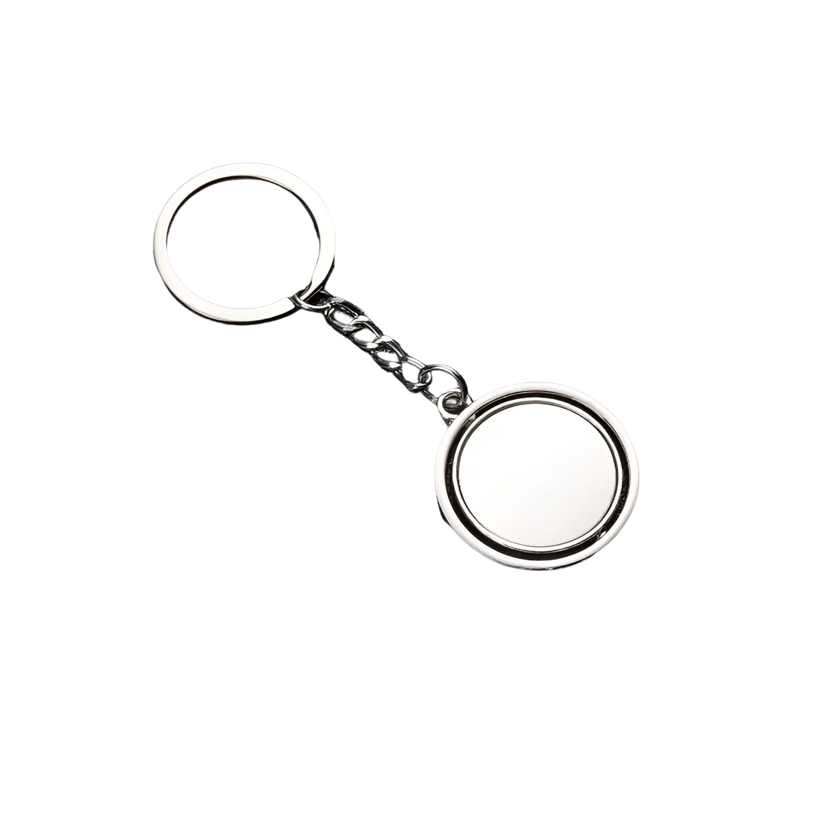Rotating silver circle keychain gift featuring a silver metallic double-sided rotating disc attached by a short chain