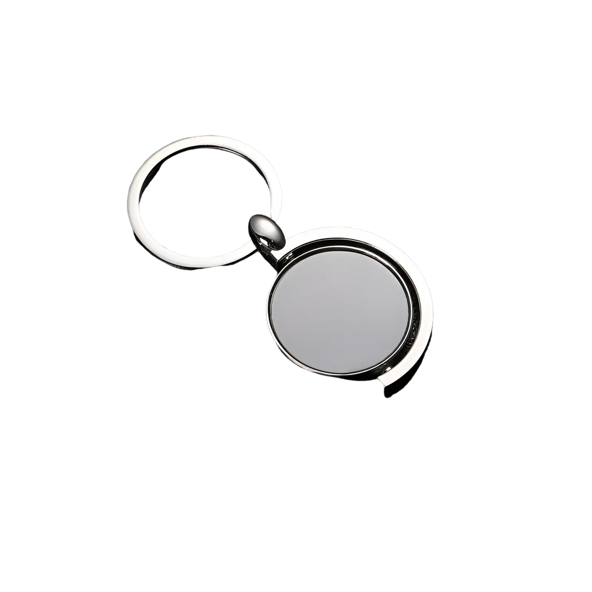 Rotating silver circle keychain gift featuring a silver metallic keychain with a circular rotating disc design