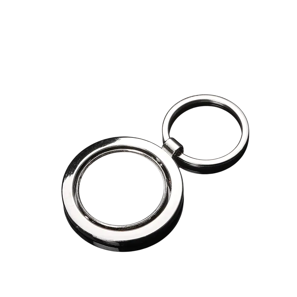 Rotating silver circle keychain gift featuring a silver metallic key ring with a circular flat disc attached