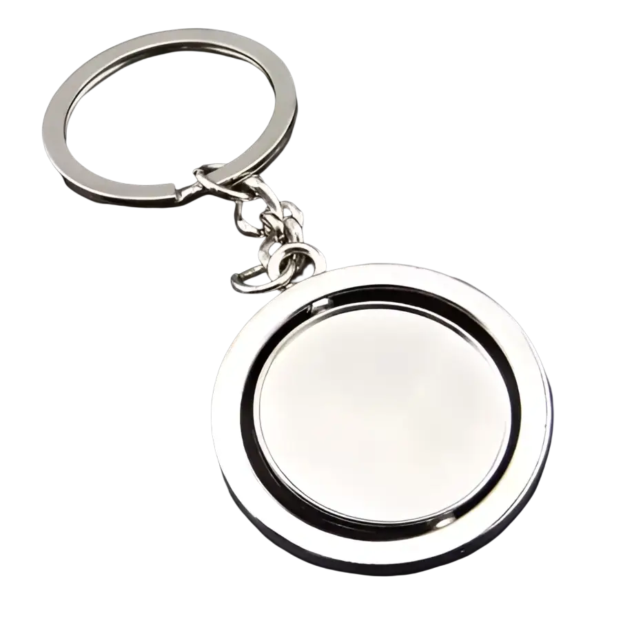 Rotating silver circle keychain featuring a minimalist polished metallic finish with double-ring design