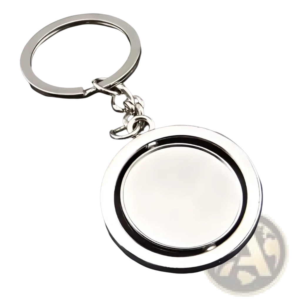 Rotating silver circle keychain featuring a minimalist polished metallic finish with double-ring design