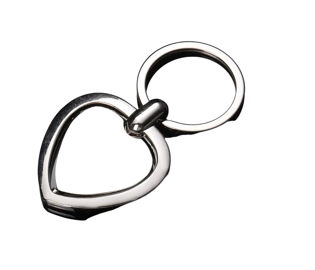Shiny silver heart-shaped keychain with smooth reflective surface and polished metal ring for rotating silver circle gift