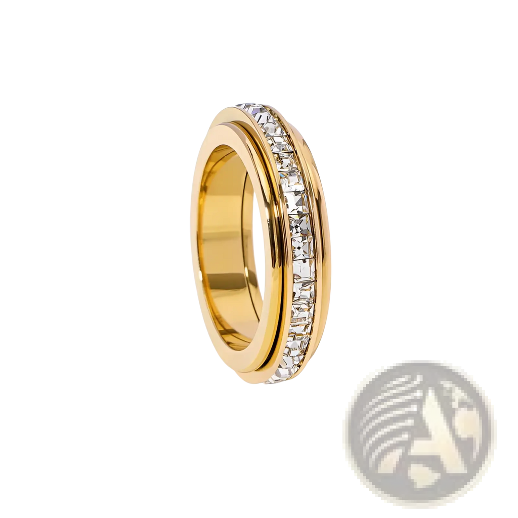 Gold-toned rotating square diamond titanium steel ring with clear rectangular-cut stones in sleek modern design