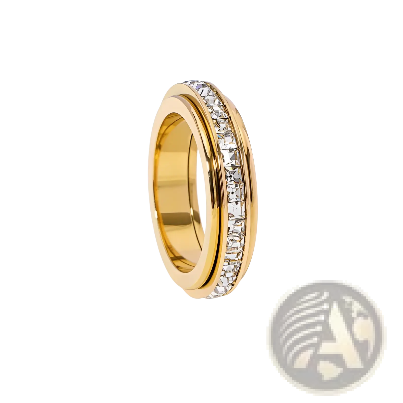 Gold-toned rotating square diamond titanium steel ring with clear rectangular-cut stones in sleek modern design