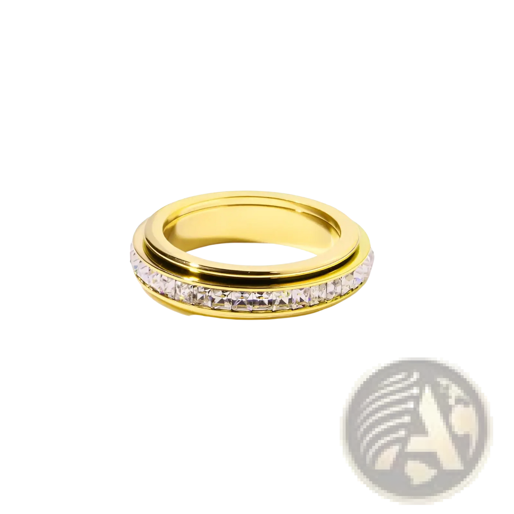 Gold-toned rotating square diamond titanium steel ring with sleek two-tier design and central band of clear faceted crystals