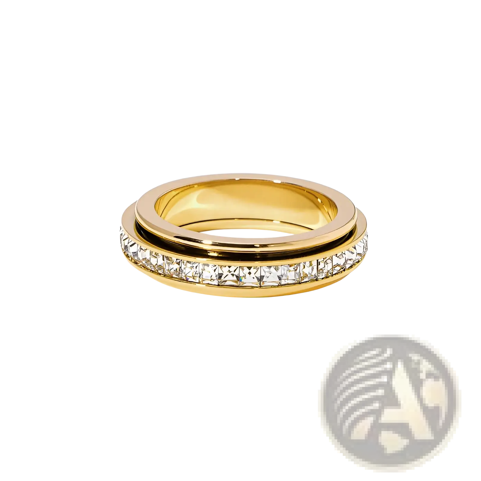Gold-toned rotating square diamond titanium steel ring with a central band of clear faceted crystals in a sleek design