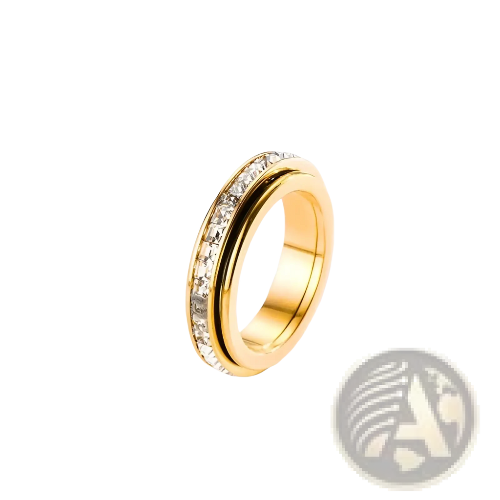 Gold-toned rotating square diamond titanium steel ring with a middle rotatable band set with clear faceted crystals