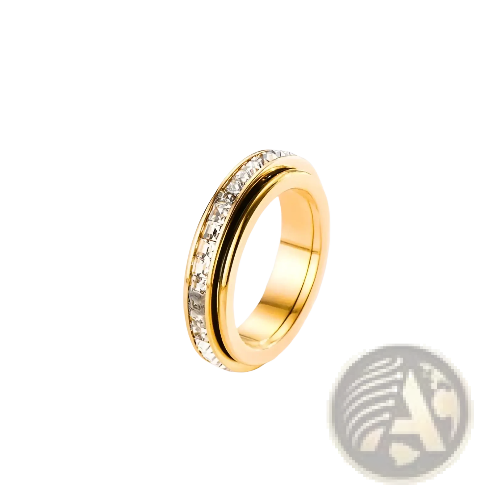 Gold-toned rotating square diamond titanium steel ring with a middle rotatable band set with clear faceted crystals