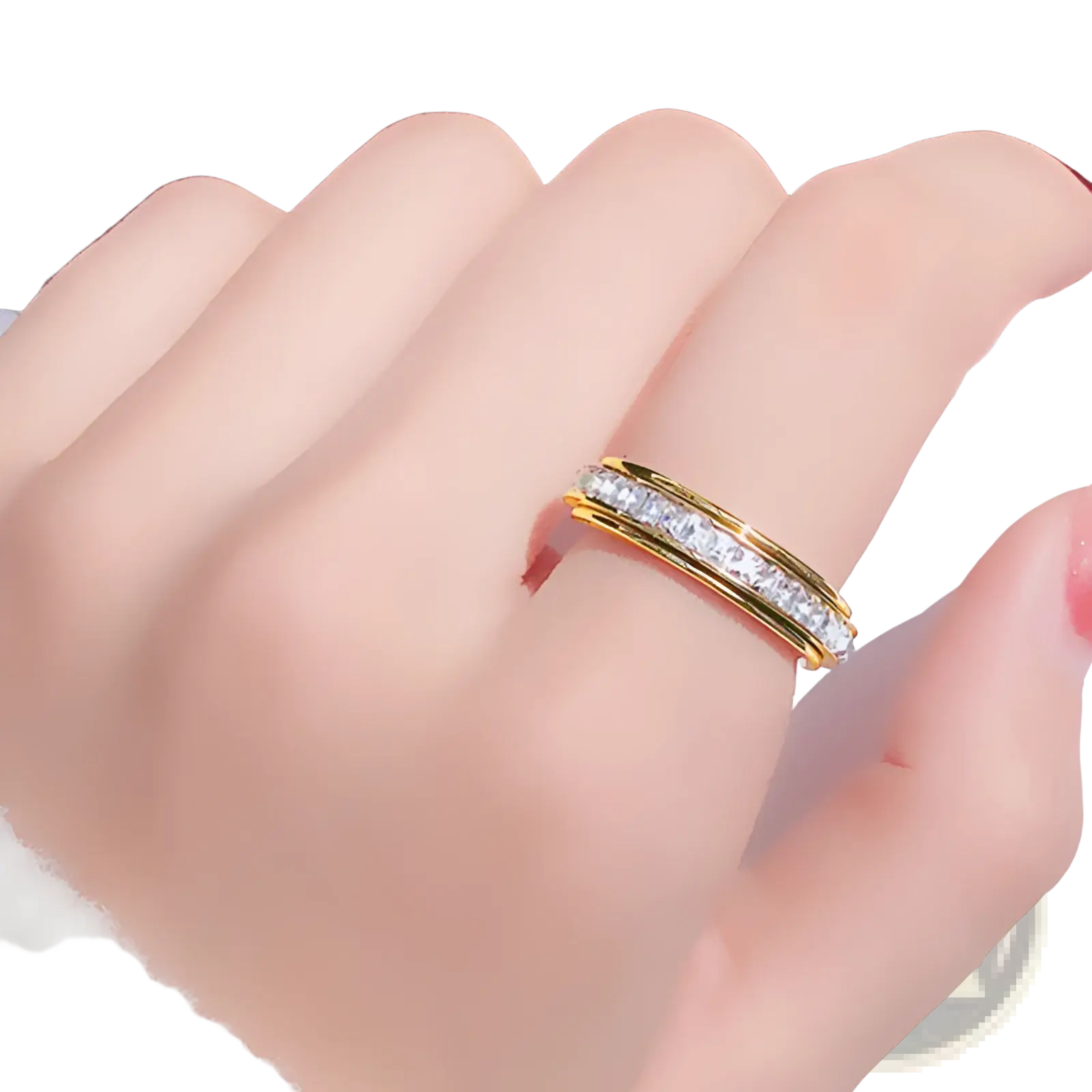 Gold-toned rotating square diamond titanium steel ring with central band of clear rectangular-cut stones between gold bands